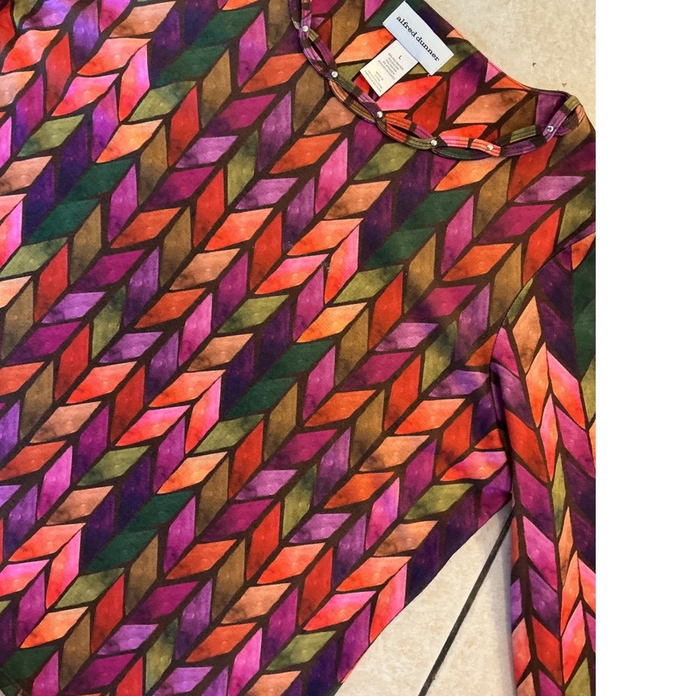 Alfred Dunner Top Womens‎ L Multicolor Geometric Chevron 3/4 Sleeve Studded